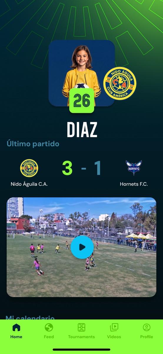 Inicio de la app de Wame con el último partido del jugador