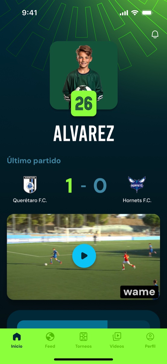 Inicio de la app de Wame con el último partido del jugador