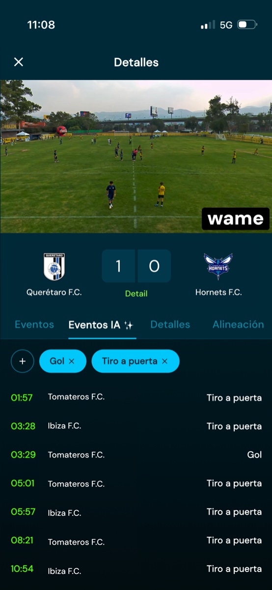 Un partido en la app de Wame, con el vídeo y el marcador